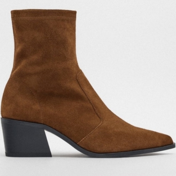 Zara Heeled Suede Leather Ankle Boots Brown Block Heel Size 40 NWT - Picture 1 of 16